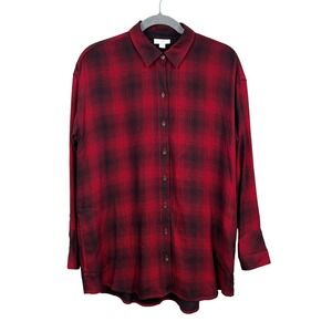 J. Jill Plaid Shirt Oversize Button Up Long Sleeve Red Black Windowpane Women S*